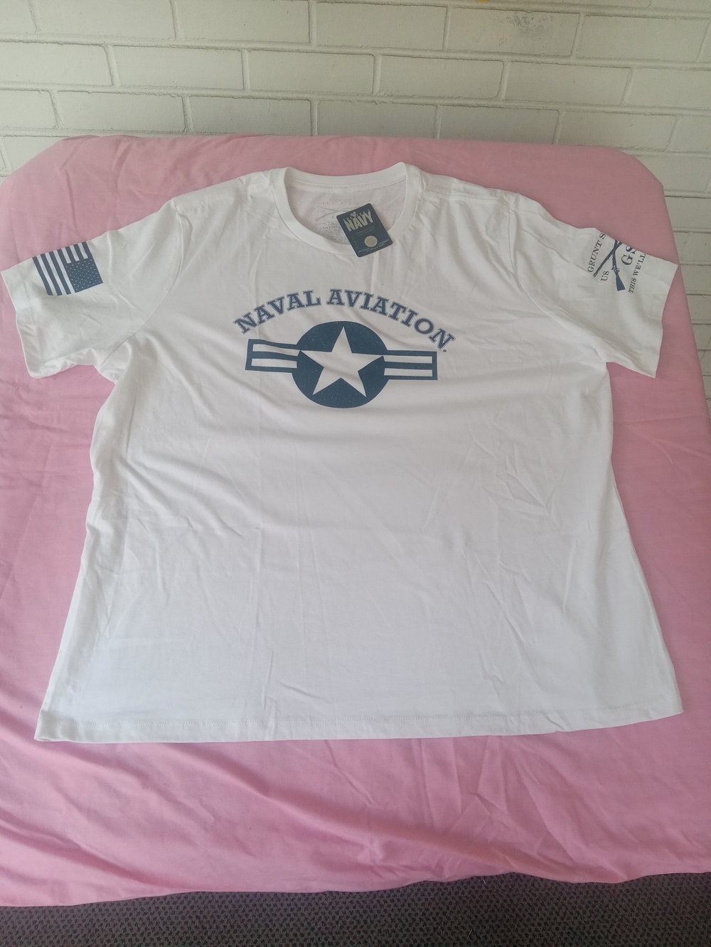 Grunt Style White Short Sleeve 'Naval Aviation' Graphic Tee with Blue Print. XXL